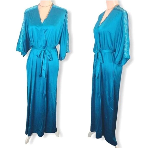 VTG 70s VF Teal Paisley Embroidered Wide Sleeve Long Nylon Robe Small - Picture 14 of 17